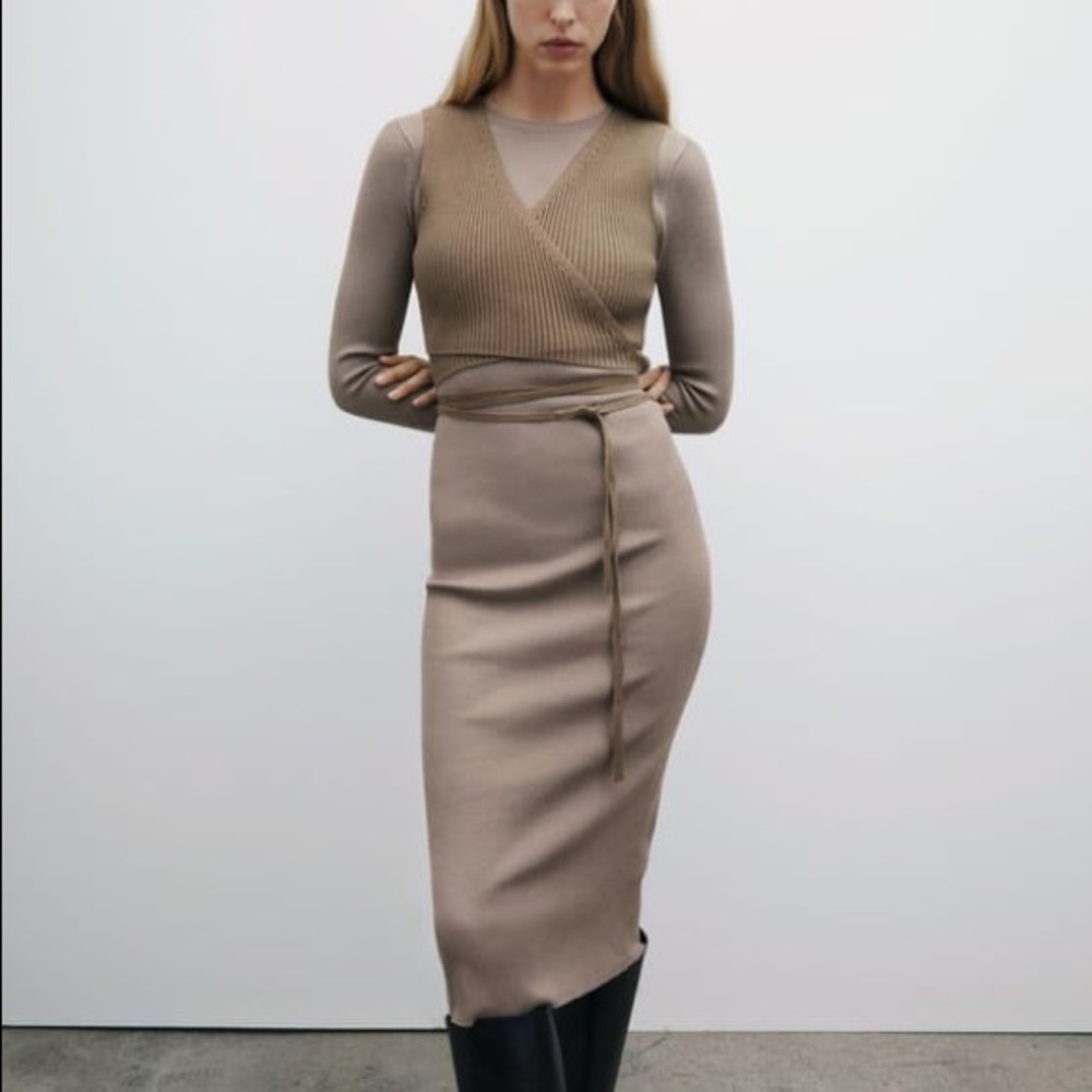 NWT Zara Long Sleeve Bodycon Midi Dress Light Mink (S and M)